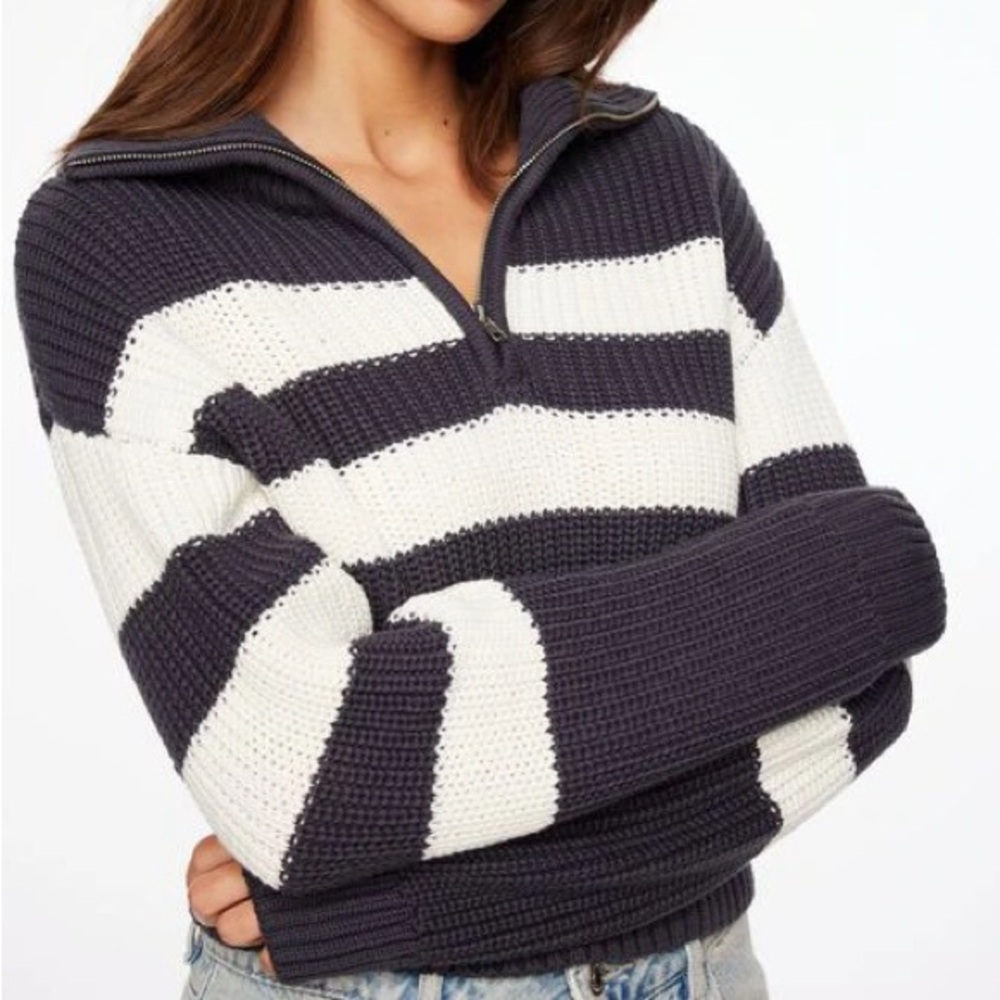 Dynamite Navy Blue and White Striped Half-Zip Sweater
